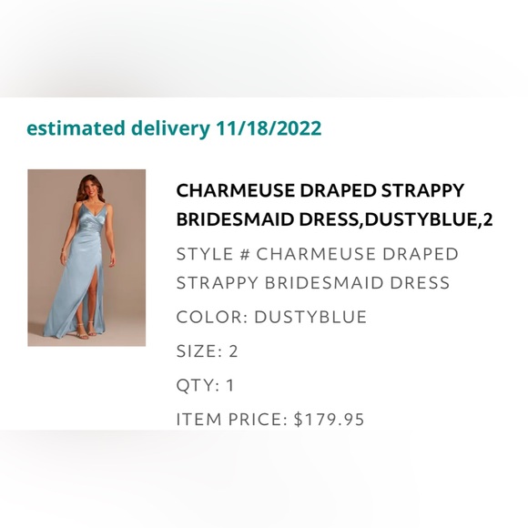 Charmeuse Draped Strappy Bridesmaid Dress, Dusty Blue color, in size 2. - Picture 2 of 4